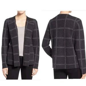 Eileen fisher gray windowpane checked merino wool cardigan jacket